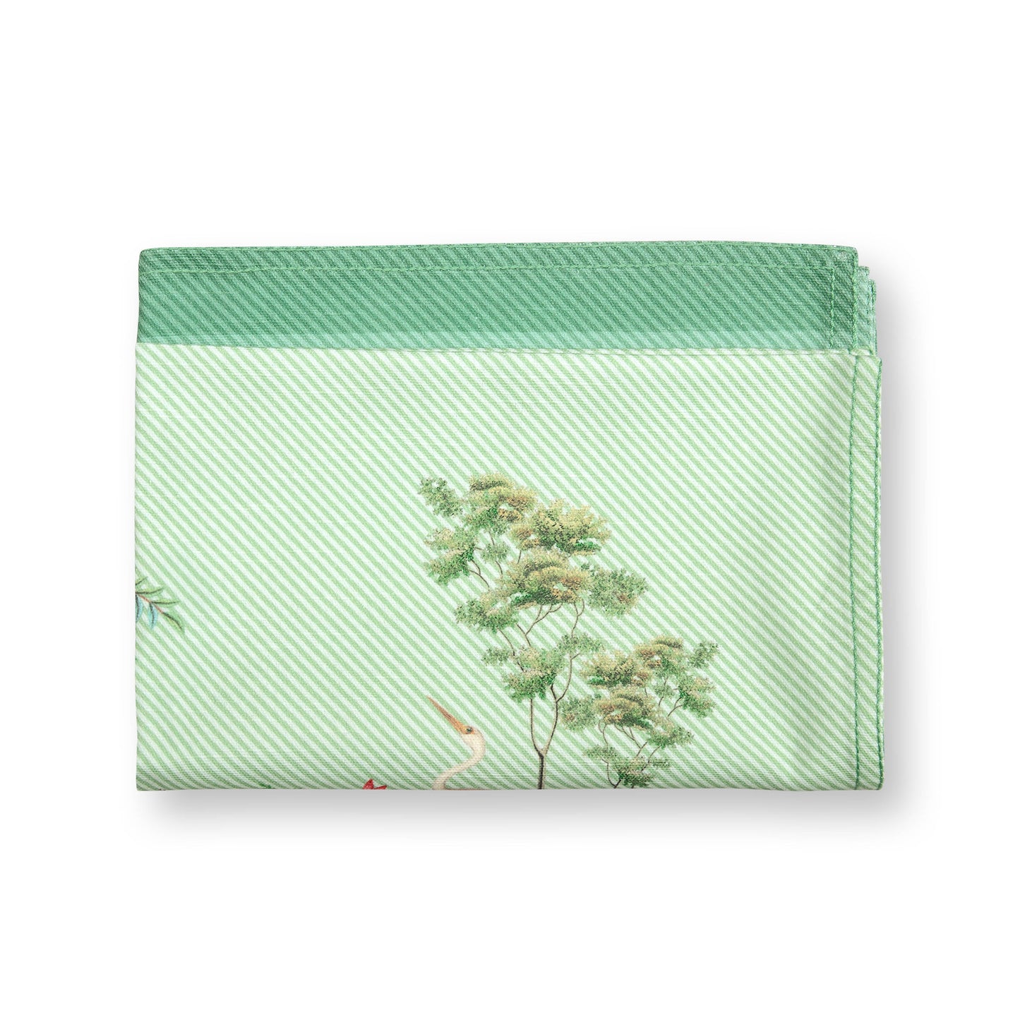 Pip Studio Jolie Groene theedoek met illustratie van witte heron en tropische planten. 100% katoen. afmetingen: 50x70cm