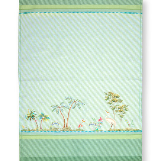 Pip Studio Jolie theedoek. Kleine witte reiger. 50x 70cm. Groen