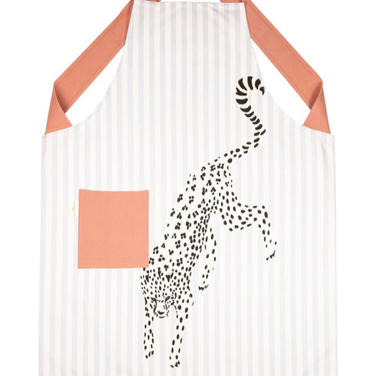 Schort lichtblauwe strepen met illustratie cheetah. Yvonne Ellen London. 100% katoen