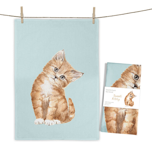 lichtblauwe theedoek met kitten van Maluu