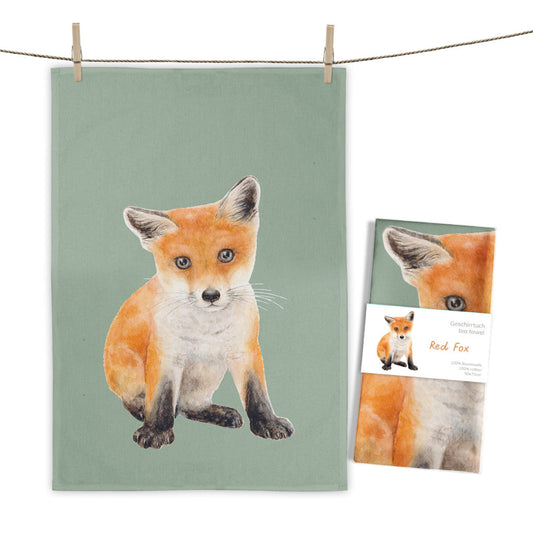 katoenen theedoek groen en rood met illustratie van een vos. Maluu Red Fox. Afmetingen: 50 x 70