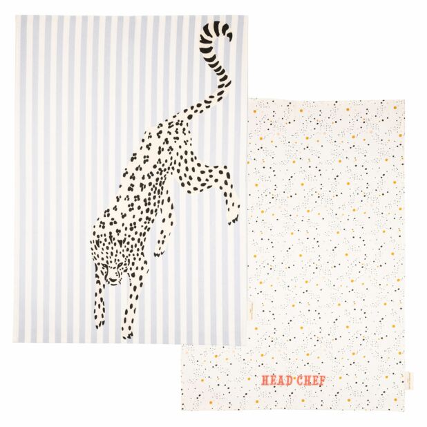 set van 2 theedoeken, Yvonne Ellen London. illustratie van een cheetah en de ander gekleurde stippen