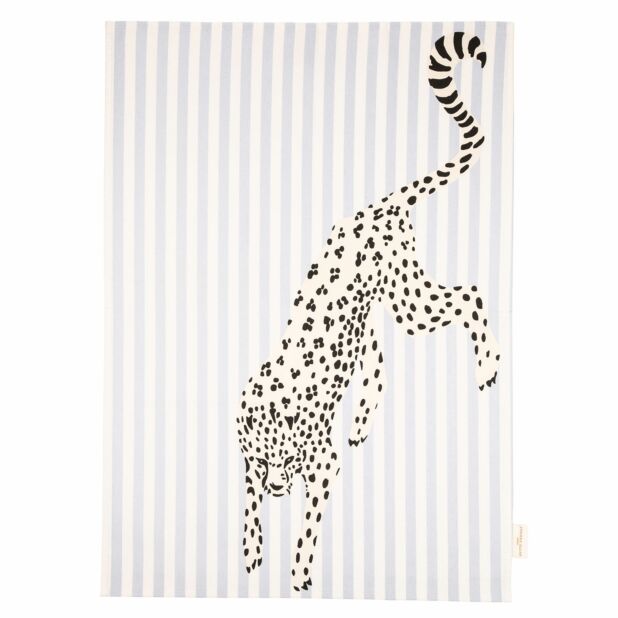 blauw wit gestreepte theedoek 100% katoen. illustratie van Cheetah. Yvonne Ellen London