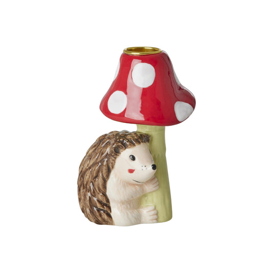 Keramieken kandelaar in de vorm van een egel met paddenstoel. Van rice by Rice. voor standaard dinerkaars.