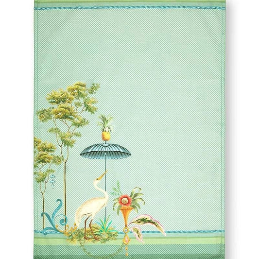 Groene theedoek katoen. Met illustratie van tropische planten en witte heron van Pip Studio Jolie. 